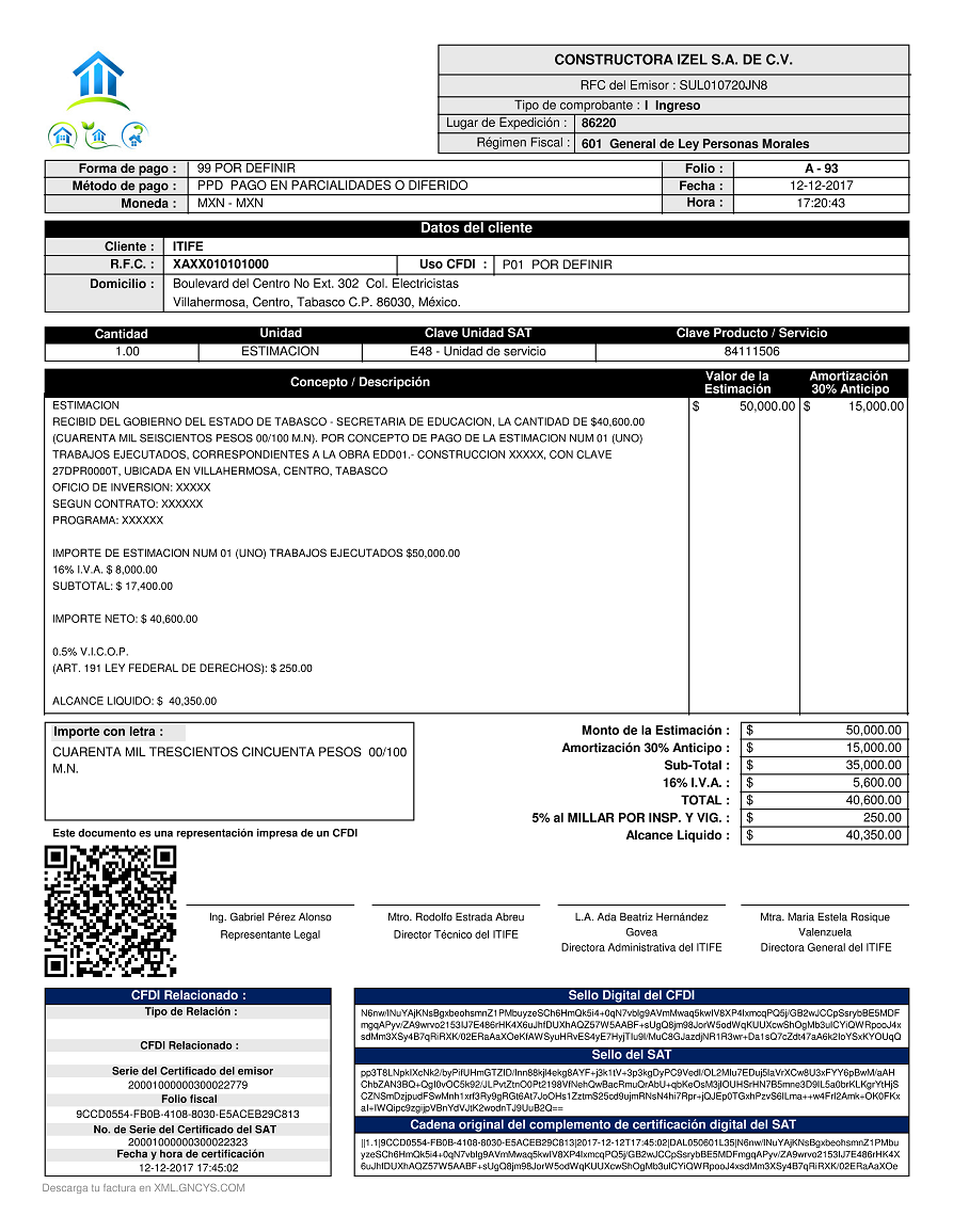 Formato ITIFE (Estimaciones) - Factura Electrónica - CFDI (Anexo 20 Versión 3.3)