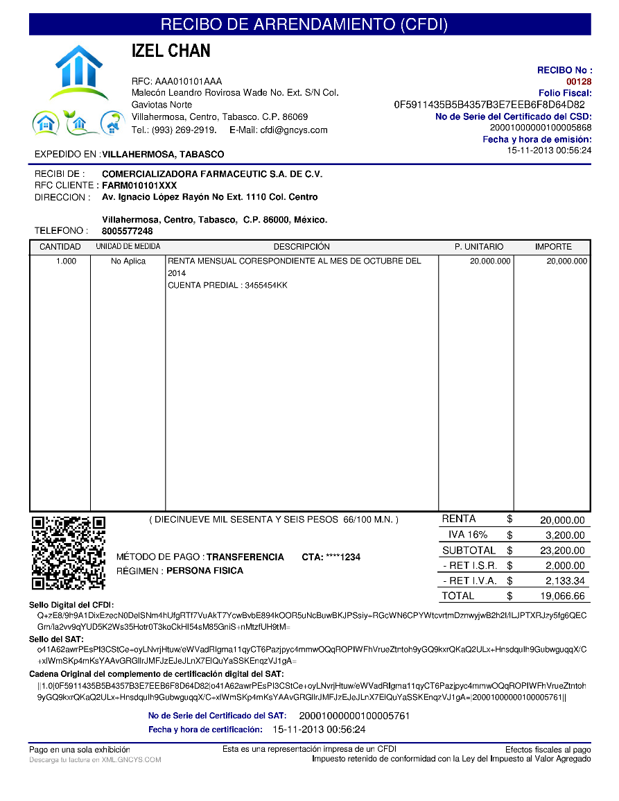 Formato - Recibo de Arrendamiento - CFDI (Anexo 20 Versión 3.2)